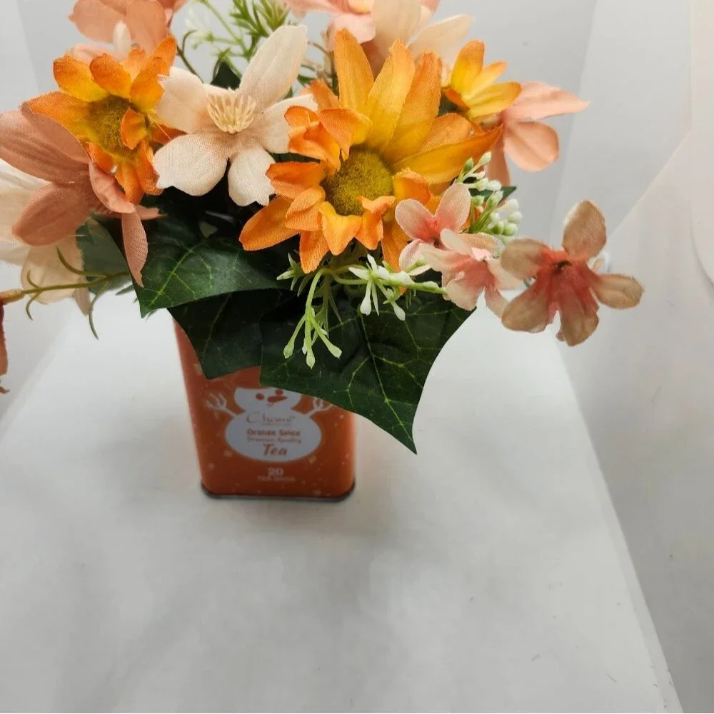 Hand Crafted Floral Table Centerpiece Spring Peach Dairy Tea Tin